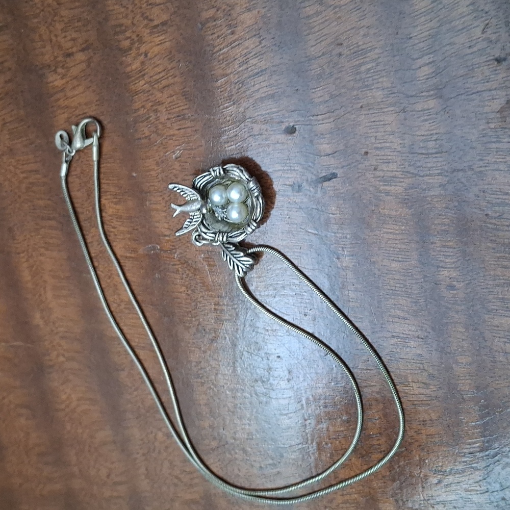 Mama bird trio pearl and silver necklace